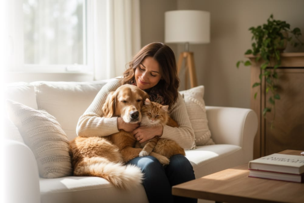 donna con cane e gatto su divano
